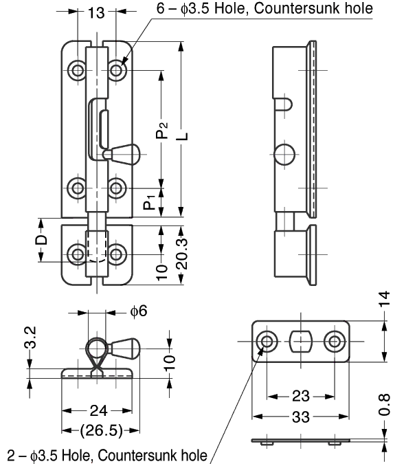Drawing for Small Stainless Steel Barrel Bolts with a Spring Function